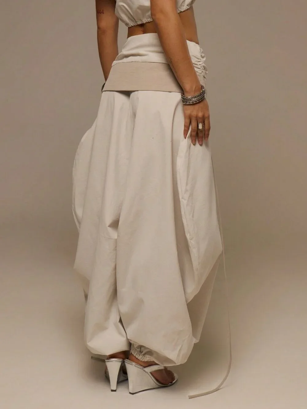 Grey Casual Women's Contrast Panel Foldover Balloon Pants